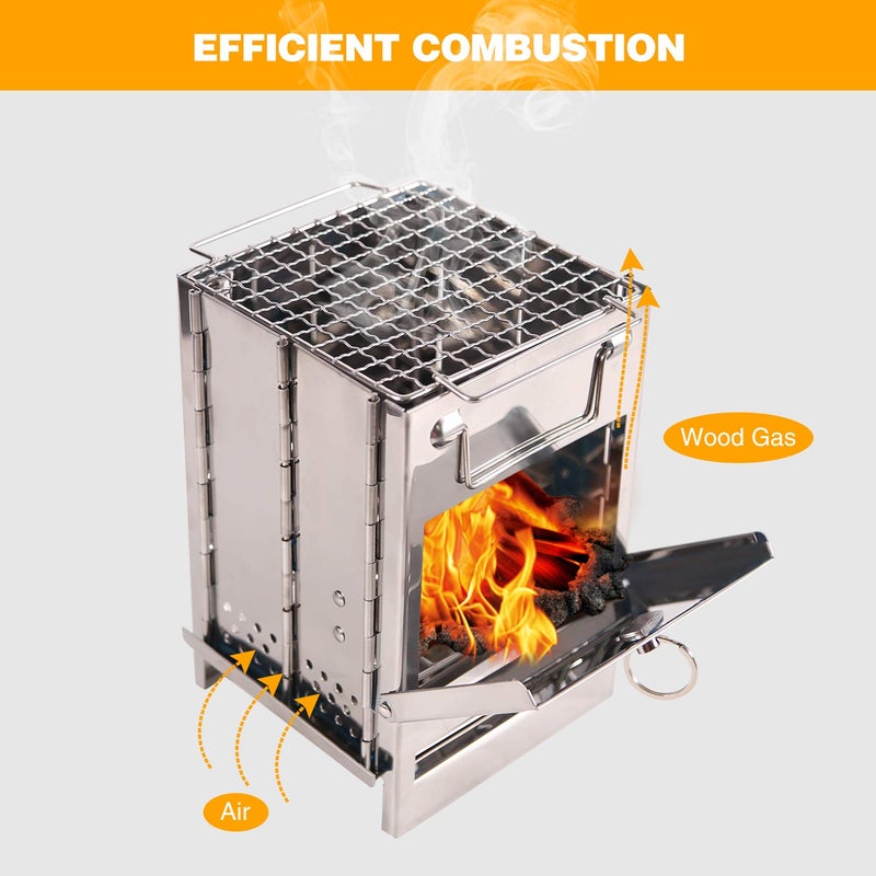 CAMPMAX Portable Folding Camping Wood Stove for Outdoor Cooking, Sturdy Lightweight 304 Stainless Steel Wood Burning Camp Stove with Grill for Backpacking BBQ Small/Large (Small) - Image 4
